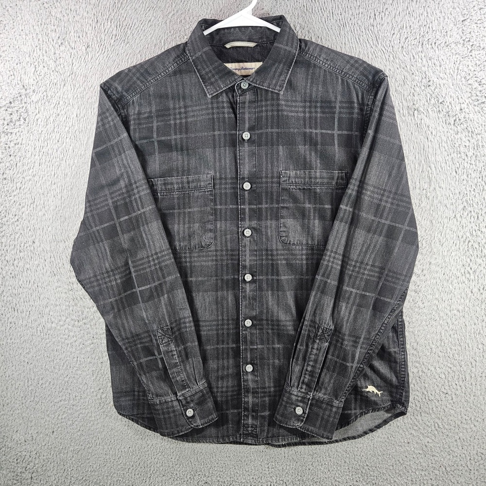 Tommy Bahama Mens Grey Plaid Cotton Button Down Shirt Long Sleeve Pockets Medium